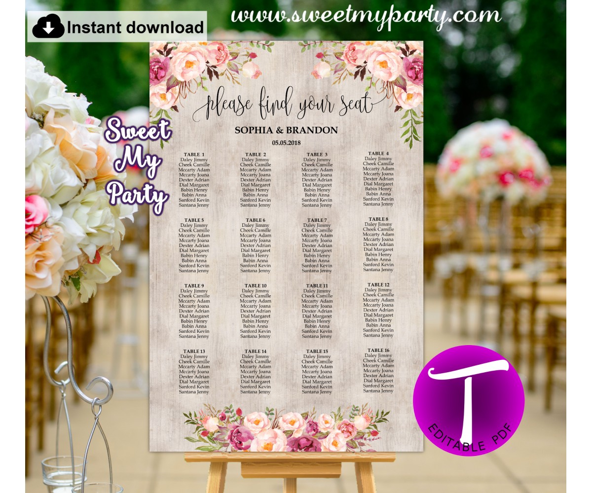 Boho seating chart template, Floral seating chart template, (31)